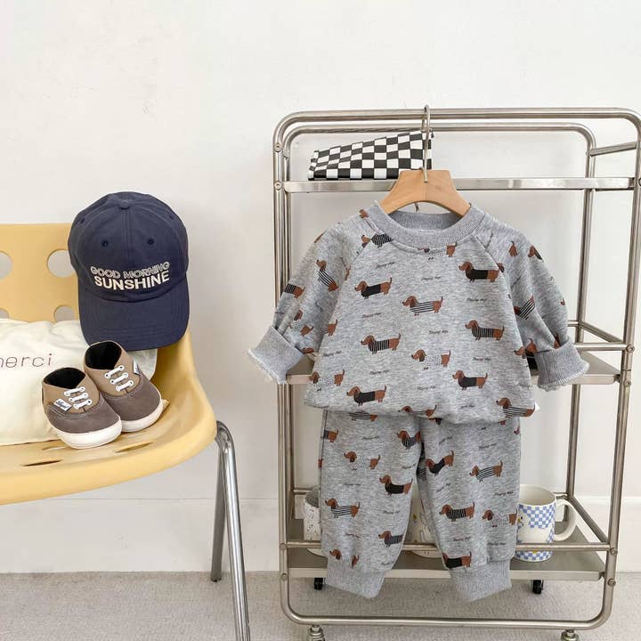 Grey Spring and Autumn Baby Kids Boys Letters and Puppy Pattern Top Pullover and Pants Clothing Set for wholesale on Faire4