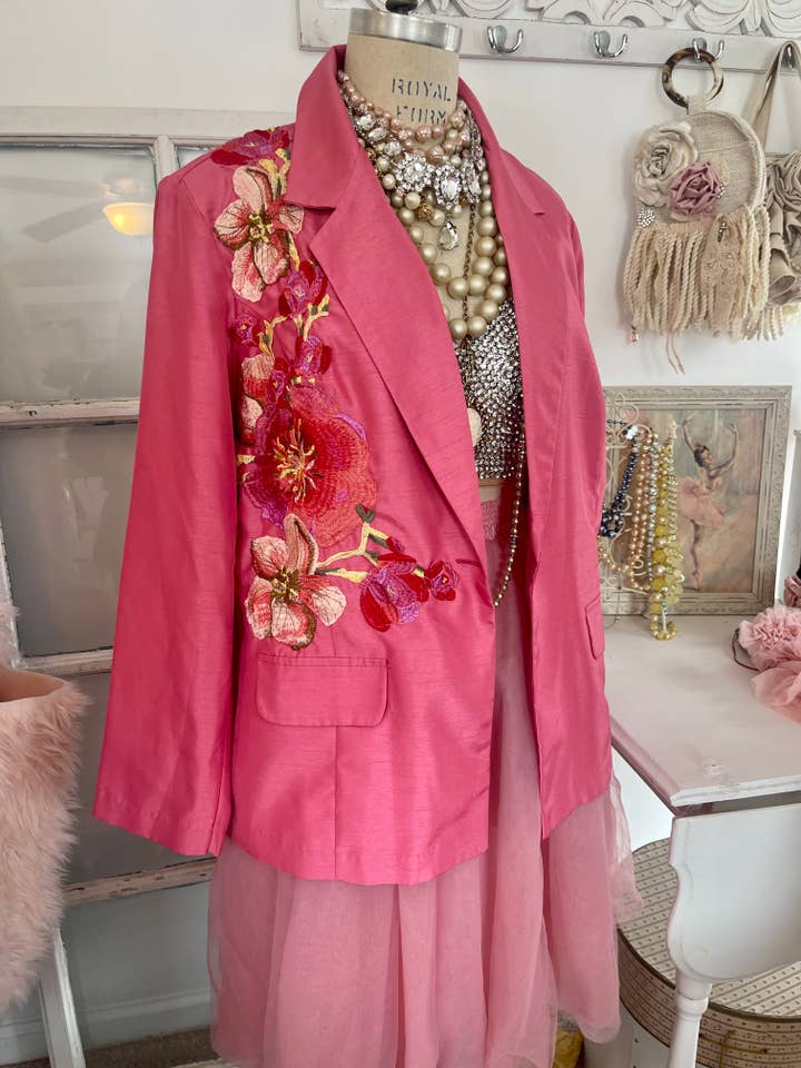 lightweight coral pink floral blazer for wholesale by Farm Charm Couture