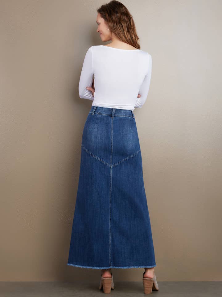 Retro Blue Pieced Denim Maxi Skirt for wholesale on Faire2