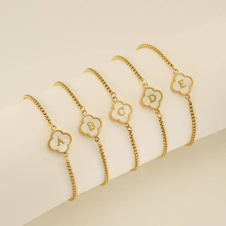 Perimade & Co. LLC - Wholesale Charm/Dangle Bracelet - Initial Letter Four Leaf Clover Bracelet in Stainless Steel