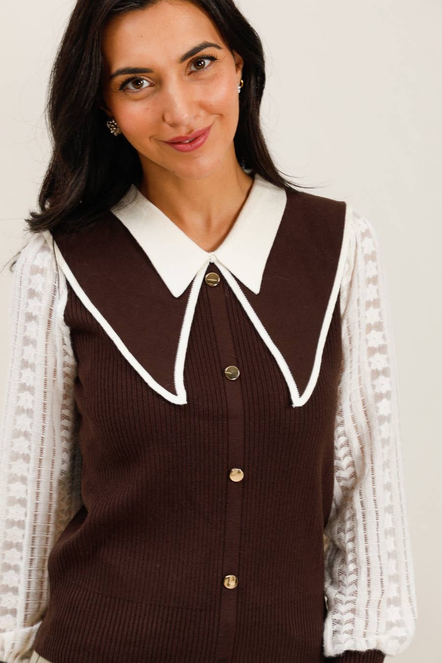 DIX-ONZE - Vendita all'ingrosso Cardigan - Donna - Cardigan con Colletto Claudine a Contrasto e Maniche in Pizzo1