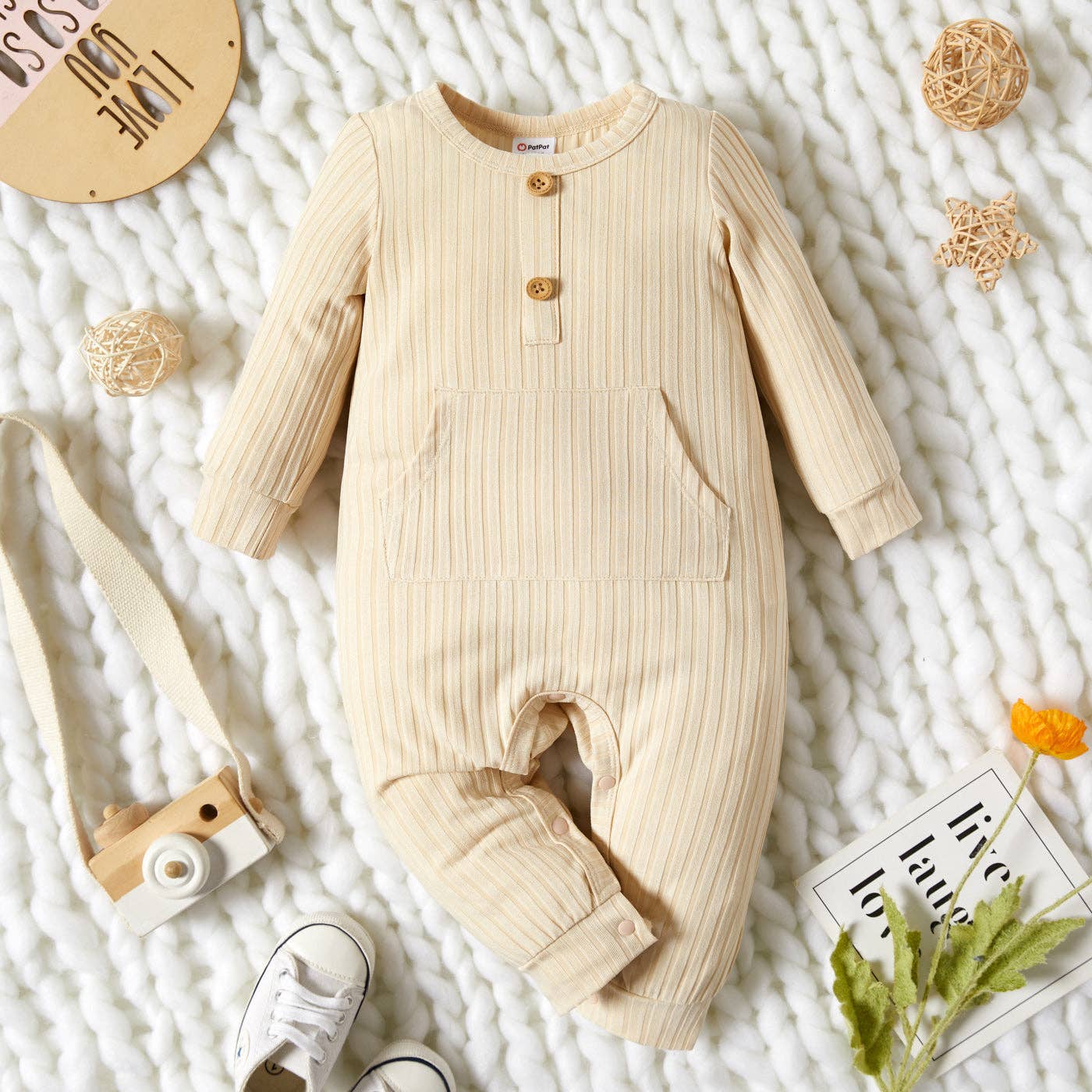 PatPat – wholesale Byxdress - Baby – Baby Boy Enfärgad Ribbad Långärmad Jumpsuit med ficka0