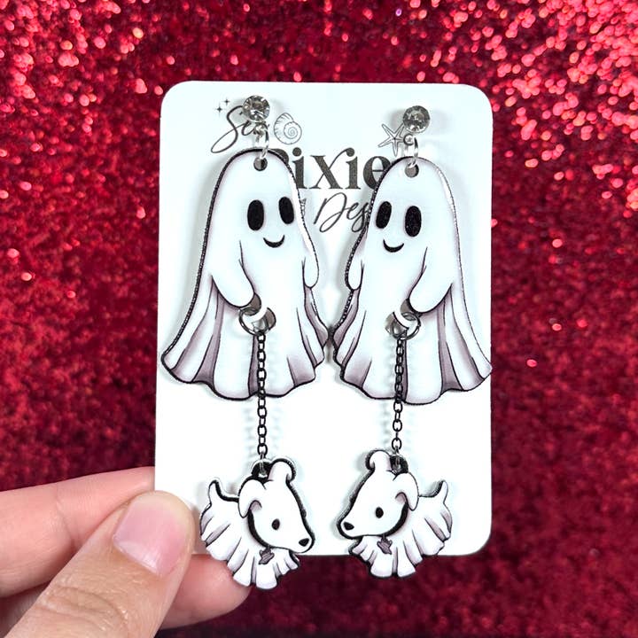 Ghost Walking Dog Halloween Dangle Earrings, Spooky & Cute for wholesale by Sea Pixie Designs
