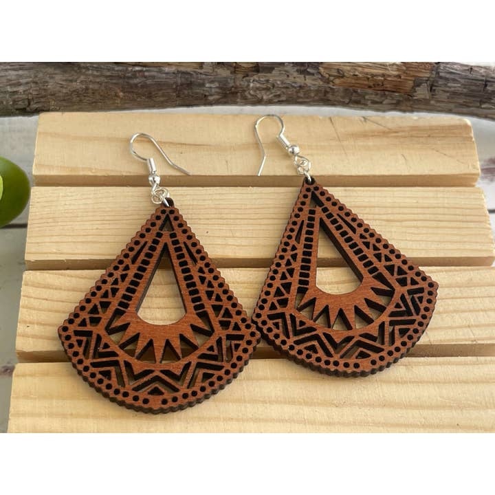 Lightweight Wood Mandala Earrings - Half Bell Shape for wholesale by Truly Olive