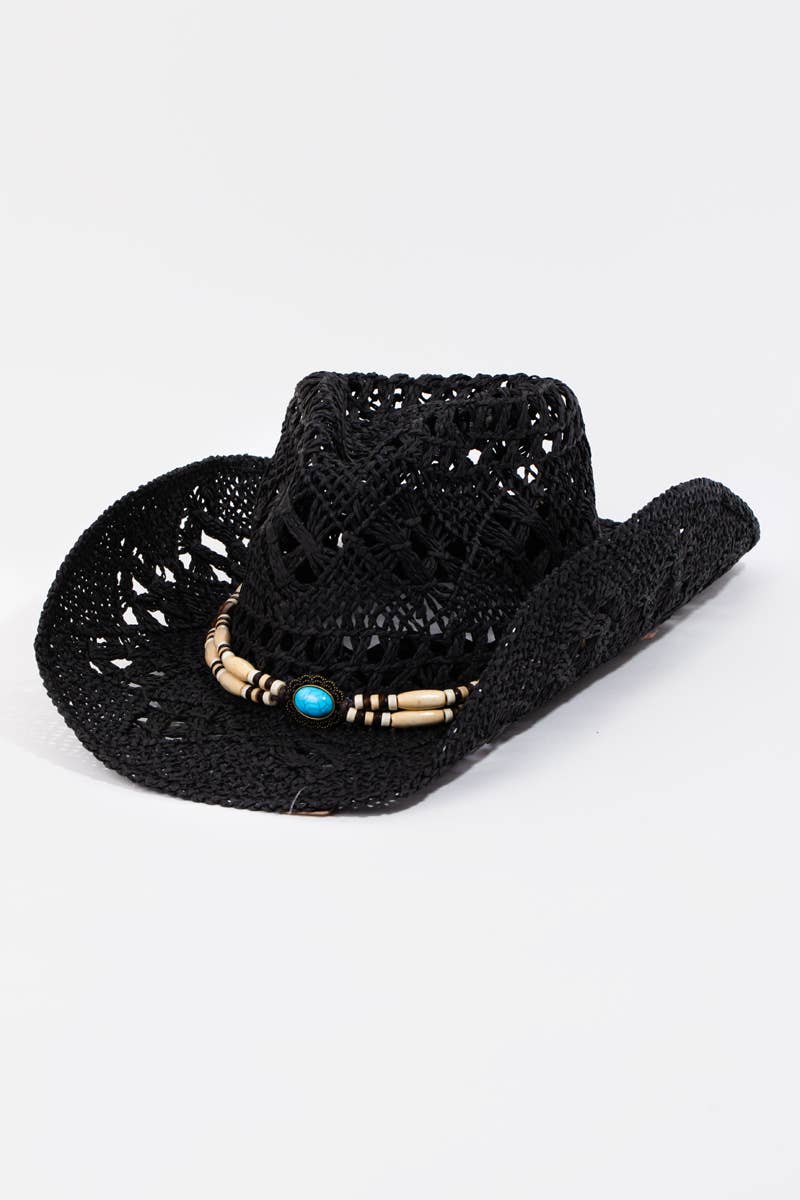 Collections by Fame Accessories – Chapéu de cowboy - Mulher por atacado – Chapéu de Cowboy com Aba Trançada de Palha e Fita com Missangas5