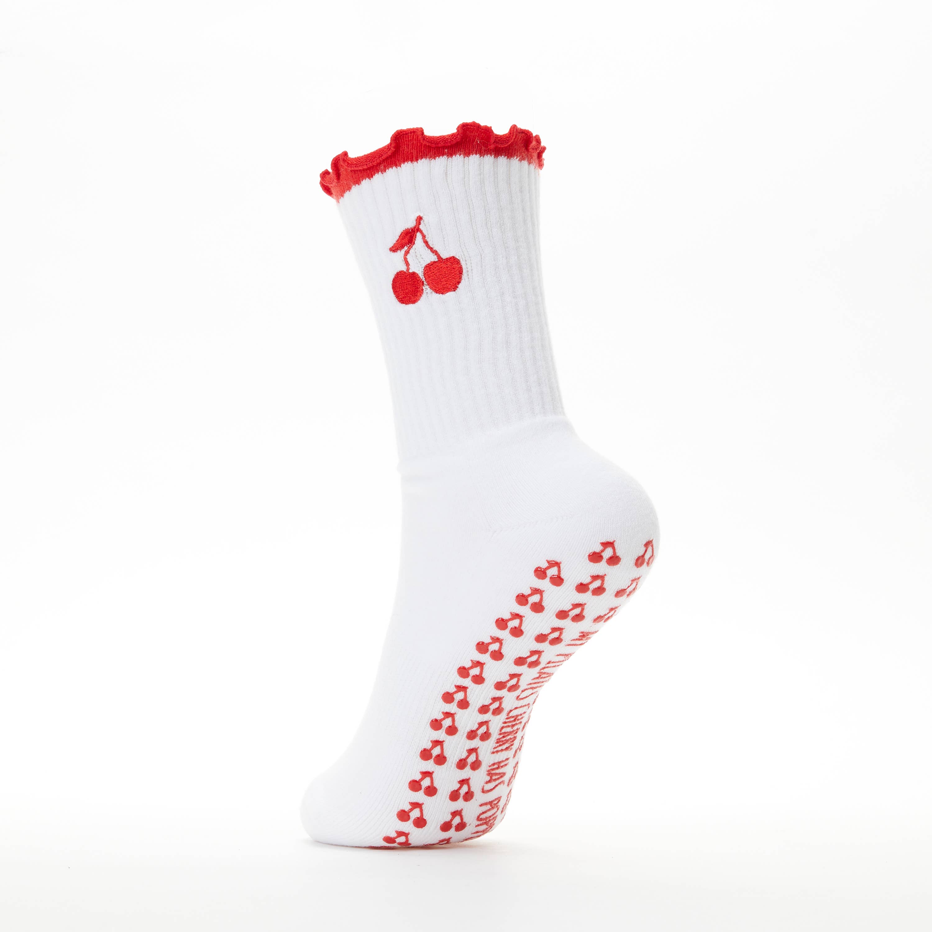 White Popped My Cherry Pilates Grip Socks for wholesale on Faire16
