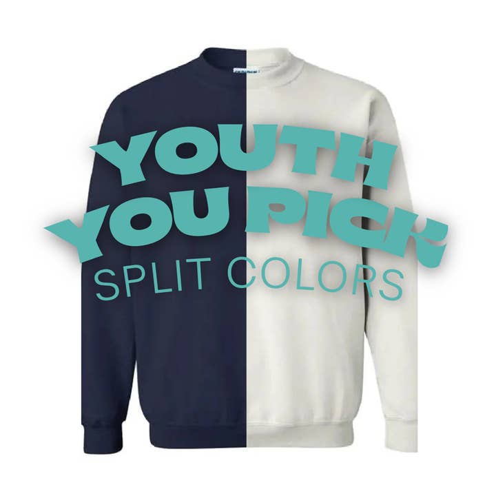 JUGEND Individuell Gespalten Gefärbt, Zweifarbig, JUGEND Rundhals-Pullover für den Großhandel von McKenzie’s Infinity LLC