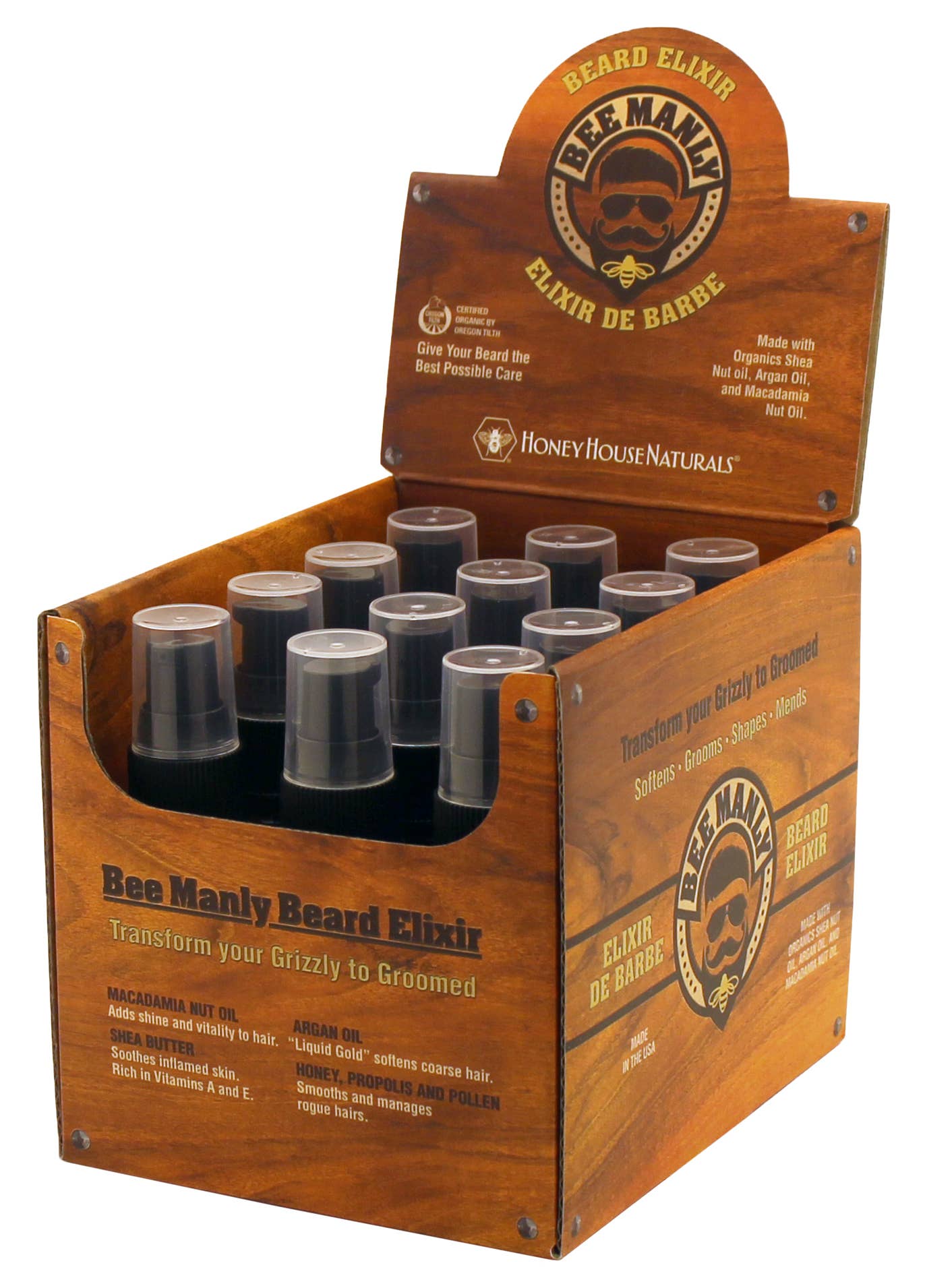 Honey House Naturals - Vente Produit structurant pour la barbe - Boîte de présentation d'élixir pour barbe Bee Manly, 12 pièces, testeur gratuit6