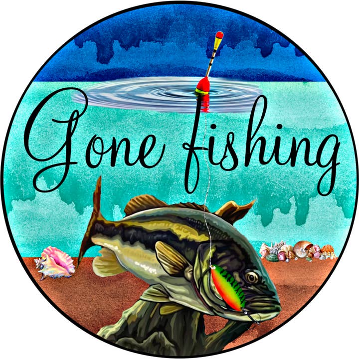 DecoExchange - Vendita all'ingrosso Cartelli - Cartello da pesca «Gone Fishing», 45,7 cm, cartello rotondo in legno