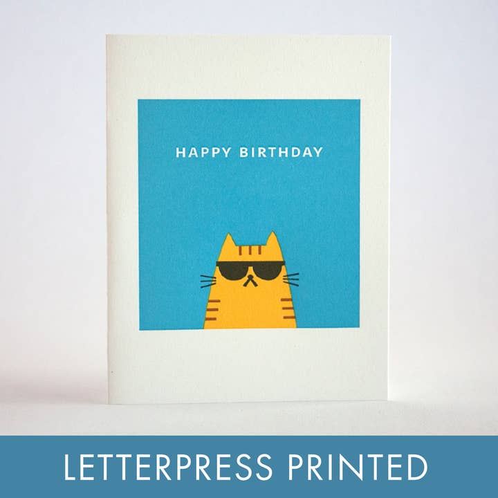 Cool Cat Birthday Letterpress Greeting Card by Fugu Fugu for wholesale by Egg Press Manufacturing