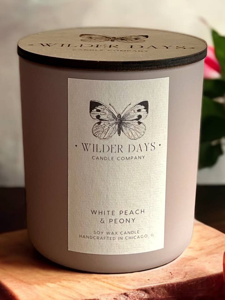 White Peach & Peony | Wood Wick Soy Candle for wholesale by Wilder Days Candle Company