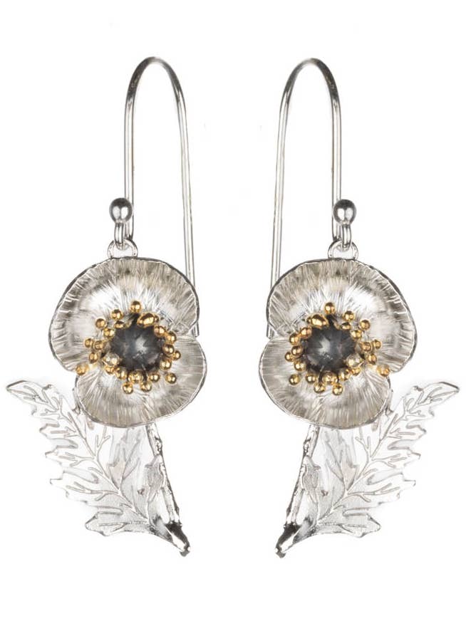 Poppy Flower And Leaf Drop Earrings for wholesale by Amanda Coleman Jewelry