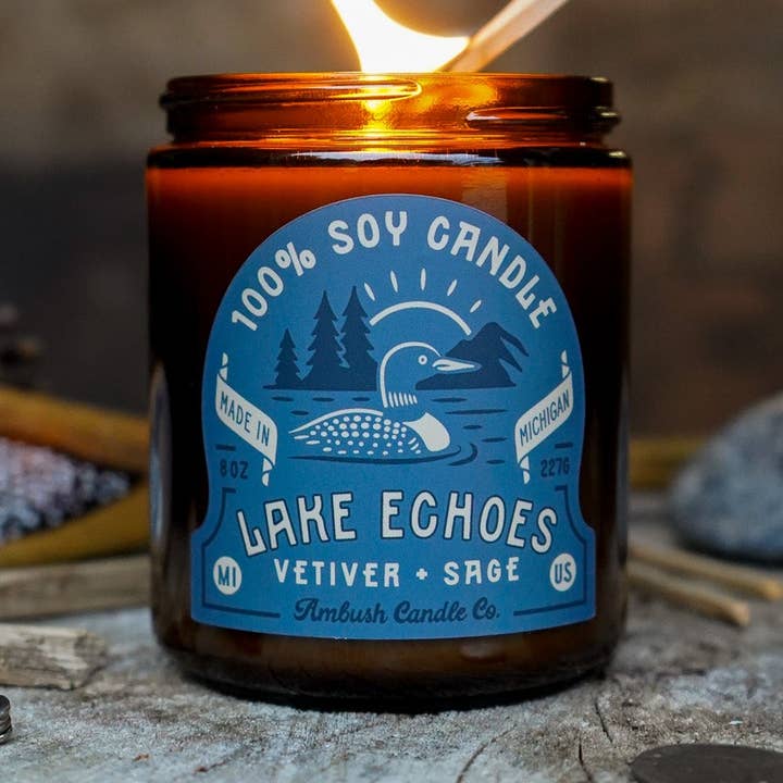 Lake Echoes | Vetiver + Sage 8oz Soy Candle for wholesale by Ambush Candle Co.