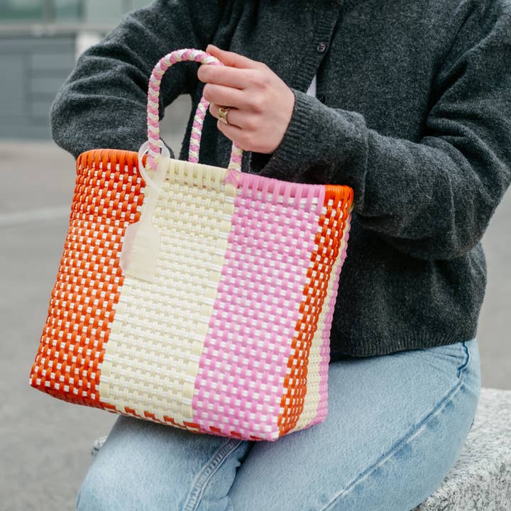 Small multicolored pink recycled plastic basket HANDMADE for wholesale by PÜP