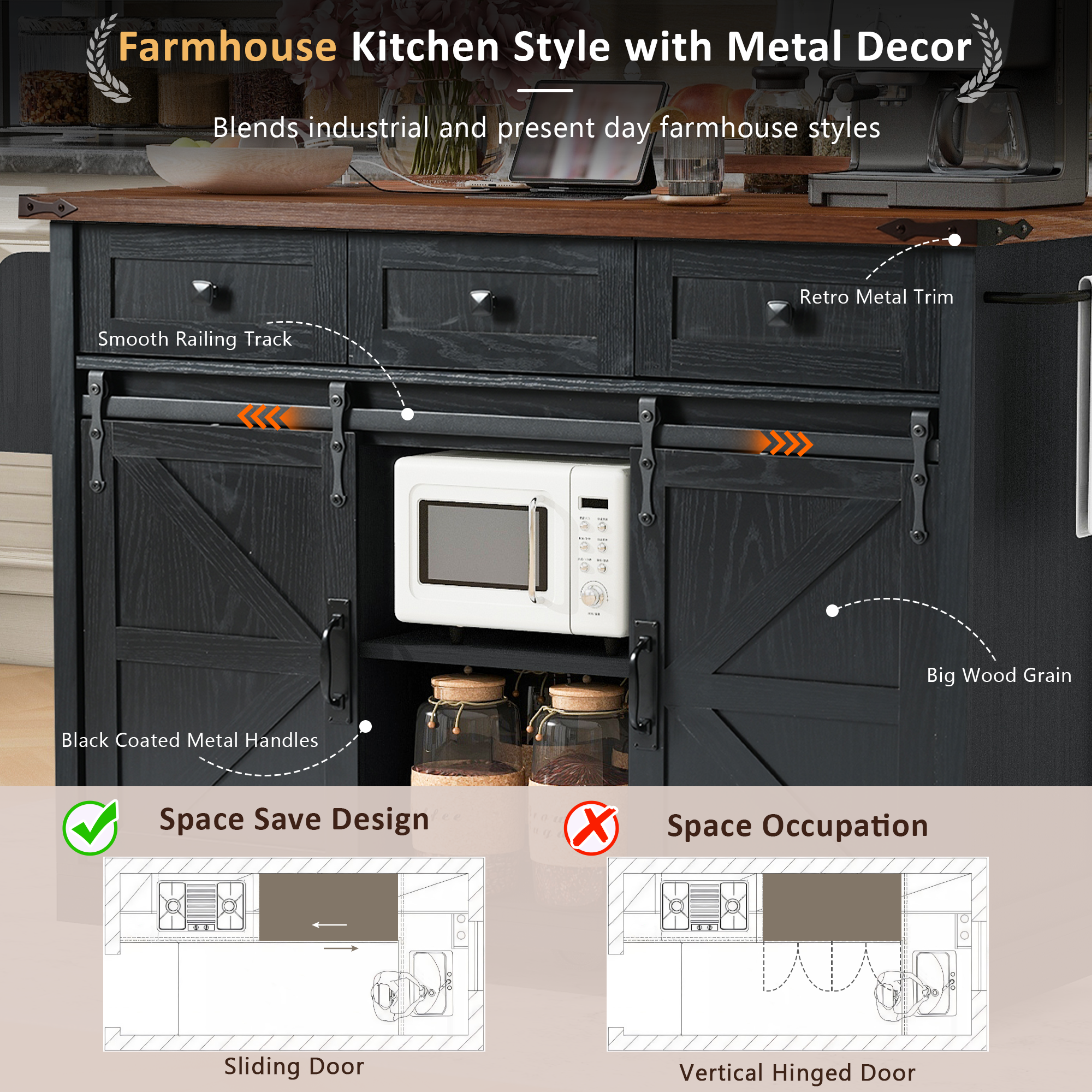Orange County Decor - Wholesale Kitchen Storage/Organizer - K&K 53.7" Farmhouse Kitchen Island With Power Outlet, 2 Sliding Barn Door Kitchen Storage Island With Drop Leaf, Spice Rack Rolling Kitchen Cart On Wheels, For Home, Kitchen And Dining Room, Black19