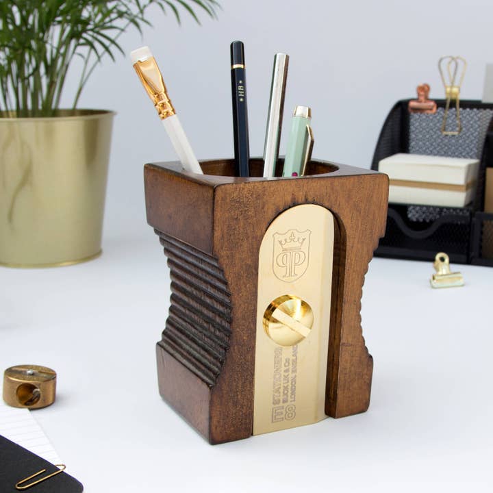 SUCK UK - Wholesale Pen & Pencil Holder - Wooden Sharpener Desk Tidy - Single Dark