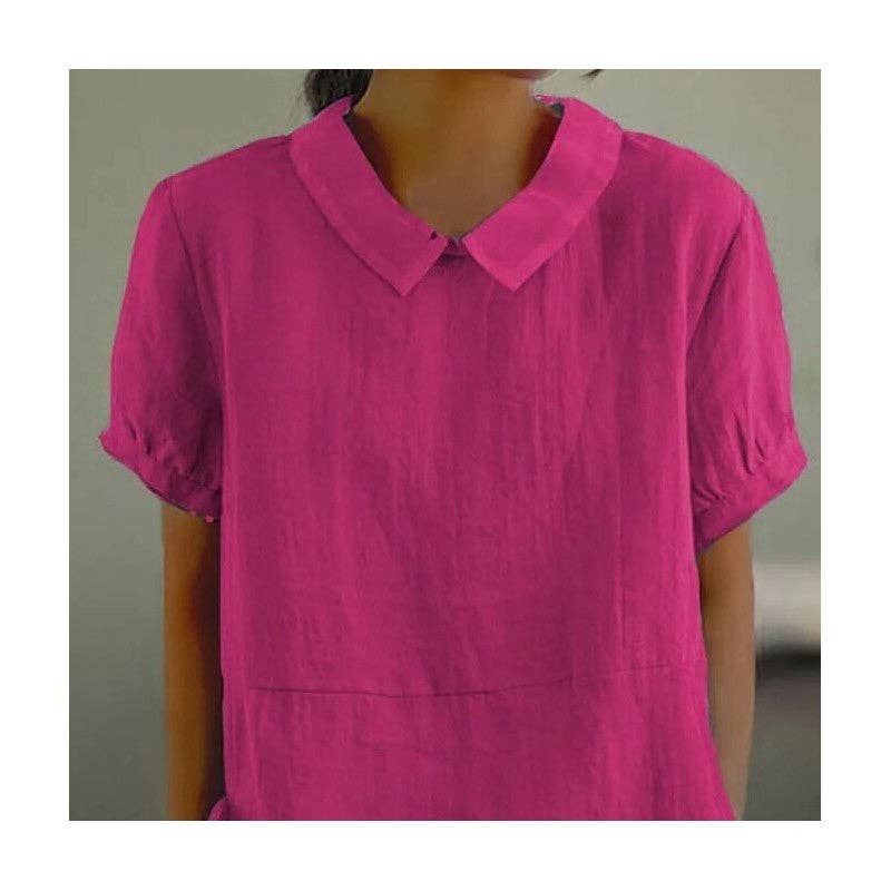 FurDecoration - Wholesale Blouse - Women's - Loose Fit Solid Color Wide Lapel Short Sleeve Shirt6