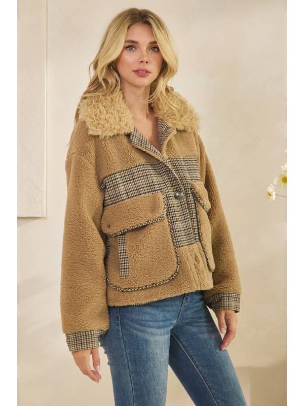MOCHA Teddy Jacket With Houndstooth Inset for wholesale on Faire8