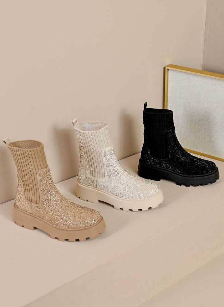 Joia Paris – Botins - Mulher por atacado – Botas rasteiras elásticas de cano curto com strass decorativo WZ-784