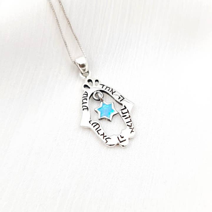 Shema Israel Hamsa Necklace with Star of David & Blue Opal for wholesale by Koch La Ni Jewelry