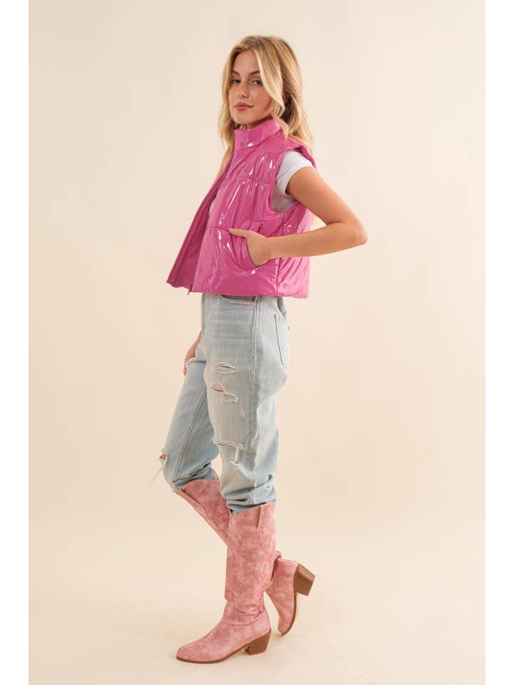 Blue B - Wholesale Outerwear Vest - Women's - 22656J - Gloss Shiny PU Quilted Puffer Zip Up Crop Vest10