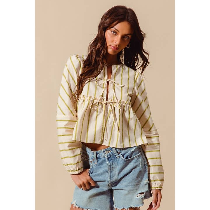 Blusa com gola redonda com laço dianteiro e listras por atacado de IVE