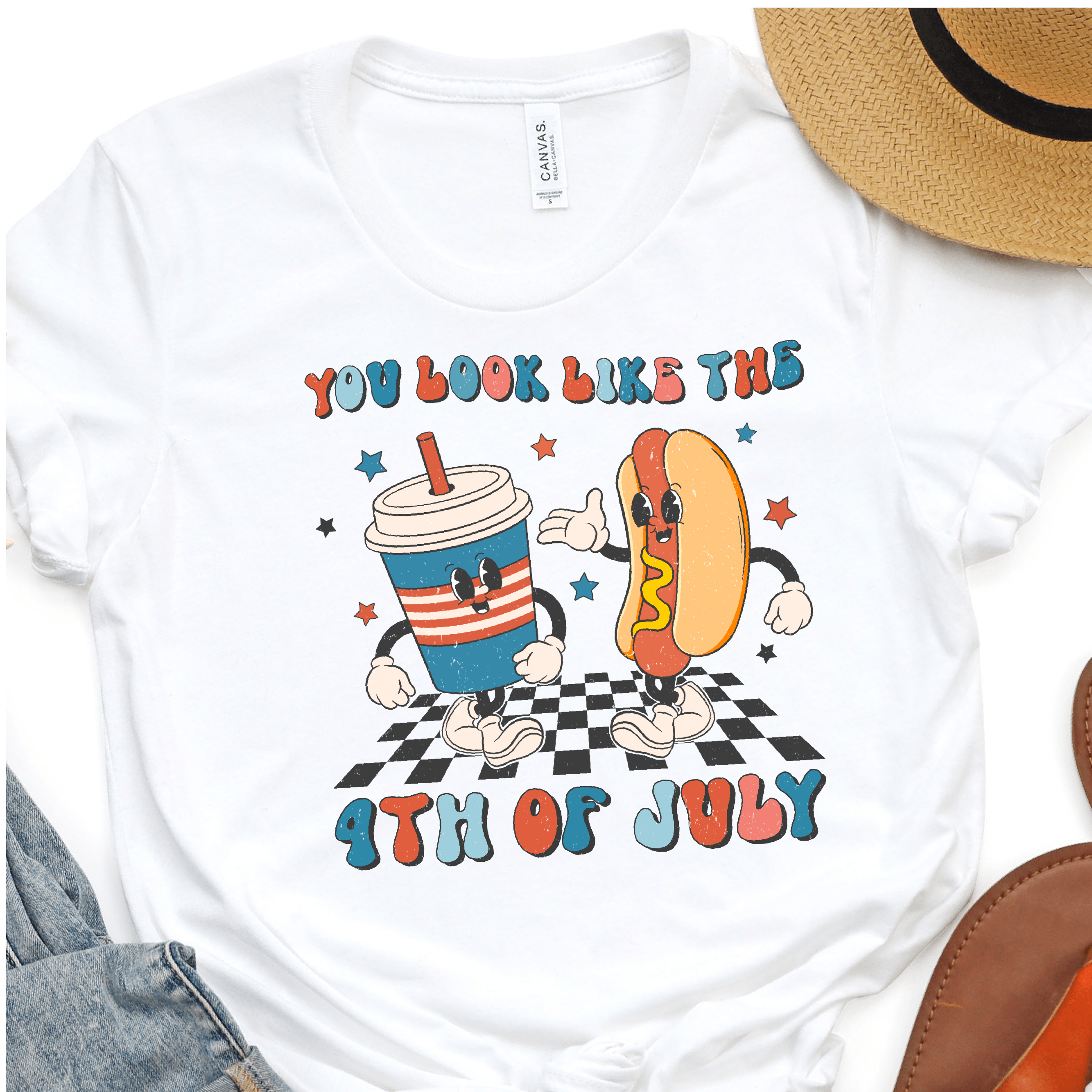 Nashville Design House - Wholesale Sublimation Transfer - You Look Like The 4th of July - Cute Drink and Hot Dog - 4th of July DTF Transfer - Independence Day T-shirt Transfer0