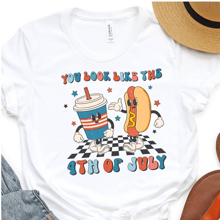 Nashville Design House - Wholesale Sublimation Transfer - You Look Like The 4th of July - Cute Drink and Hot Dog - 4th of July DTF Transfer - Independence Day T-shirt Transfer