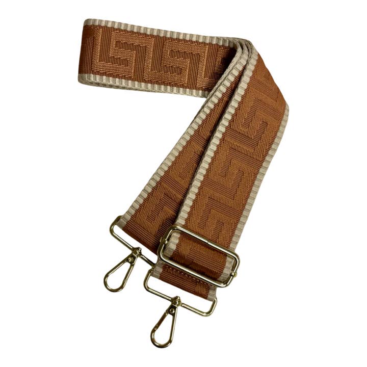 Camel Embossed Greek Key Bag Strap for wholesale by ALLIE JUNE