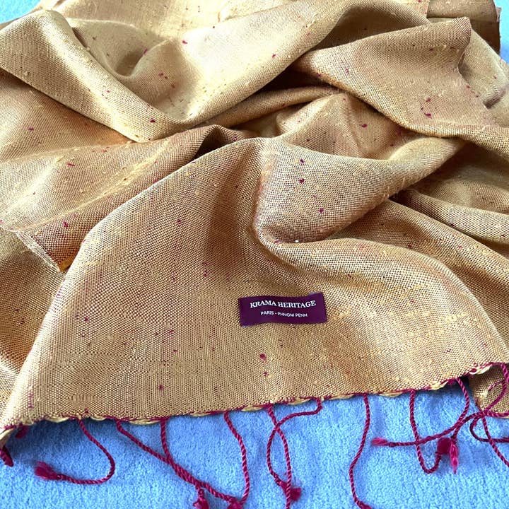 Krama Heritage - Wholesale Scarf - Women's - The Grand Textured Gold Krama in its palm leaf case - Woman2