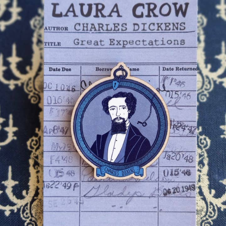 Charles Dickens Portrait Wooden Pin Badge for wholesale by Laura Crow Illustration