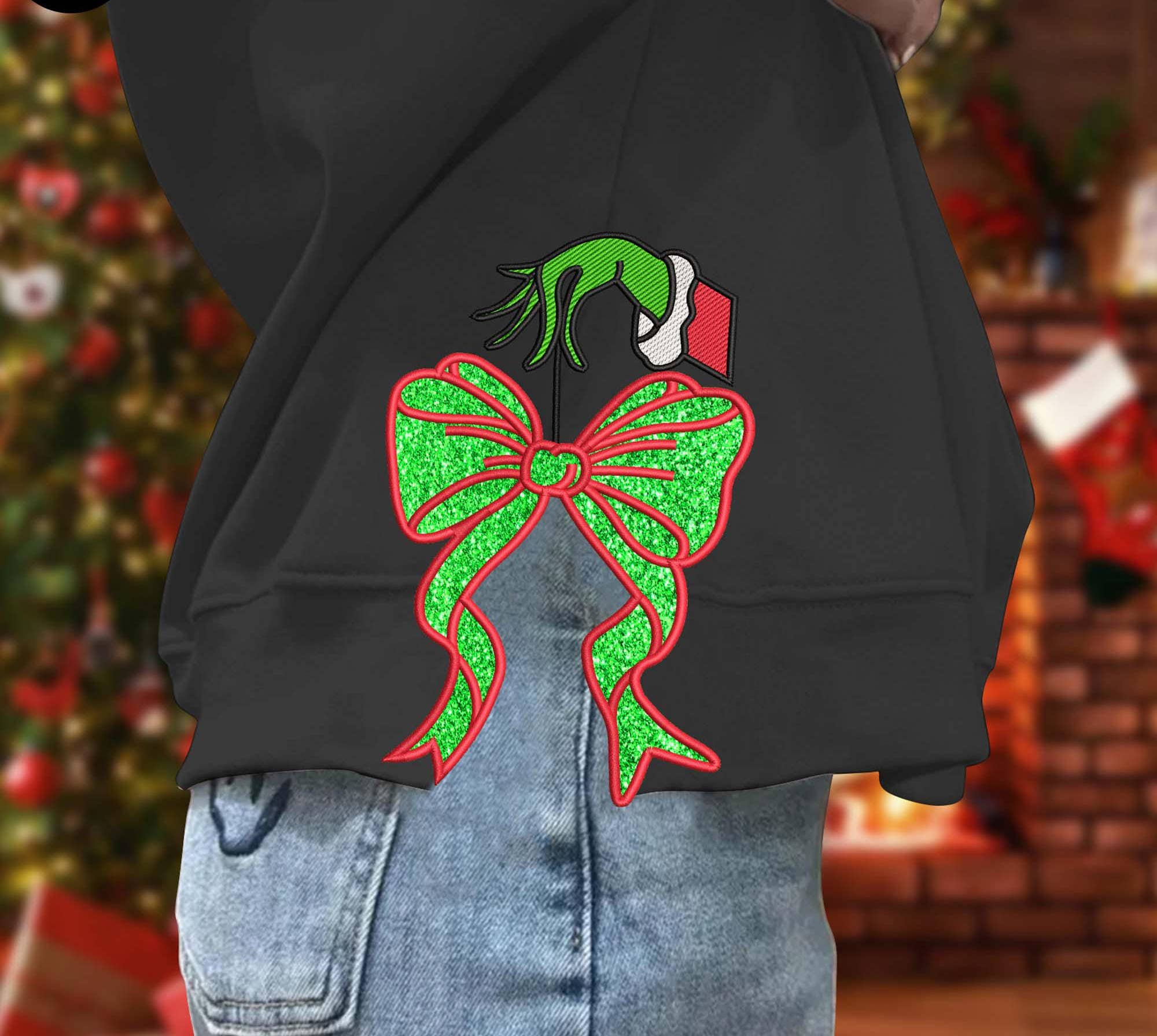 NVC Ecommerce LLC - Wholesale Graphic Sweatshirt - Women's - Cute Grinchmas Bow, Embroidered Side Bow Sweatshirt