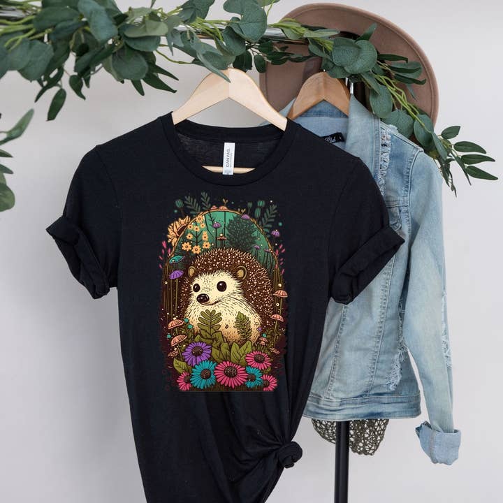 Vivtrek - Wholesale Screen Printed T-Shirt - Women's - Baby Hedgehog Floral Cottagecore Tshirt, Flower
