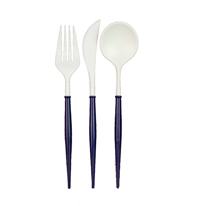 White and Navy Bella 24pc Assorted Flatware for wholesale by Sophistiplate