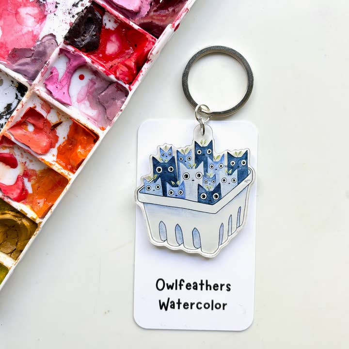 Blueberry Cat Fruit Watercolor Keychain for wholesale by Owlfeathers Watercolor