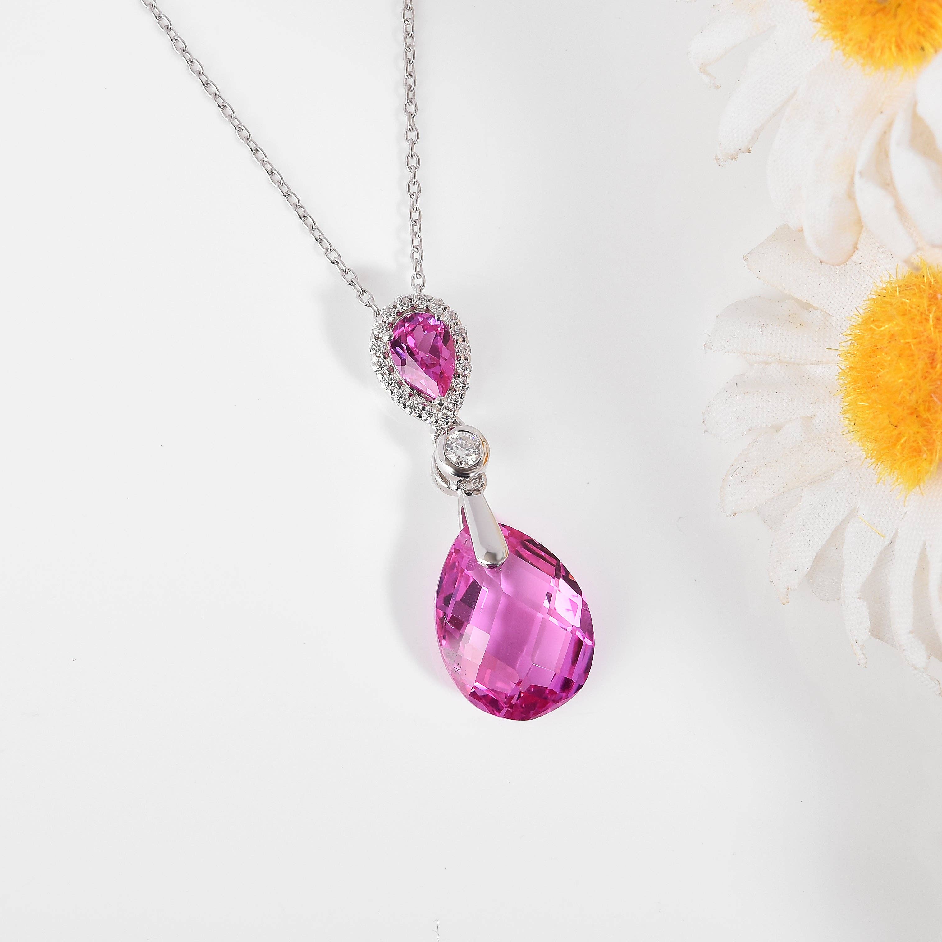FCJ Jewelry LLC - Wholesale Pendant/Charm Necklace - 925 Silver Created Pink Sapphire Teardrop Pendant Necklace4