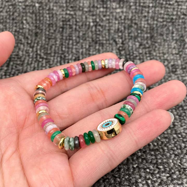 Mio Queena - Wholesale Beaded Bracelet - Enamel Evil Eye Charm Stone Beaded Elastic Bracelet - CS