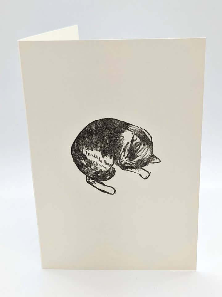 Little Sleeping Kitty - Original Wood Block Printed Card for wholesale by Wingedprints