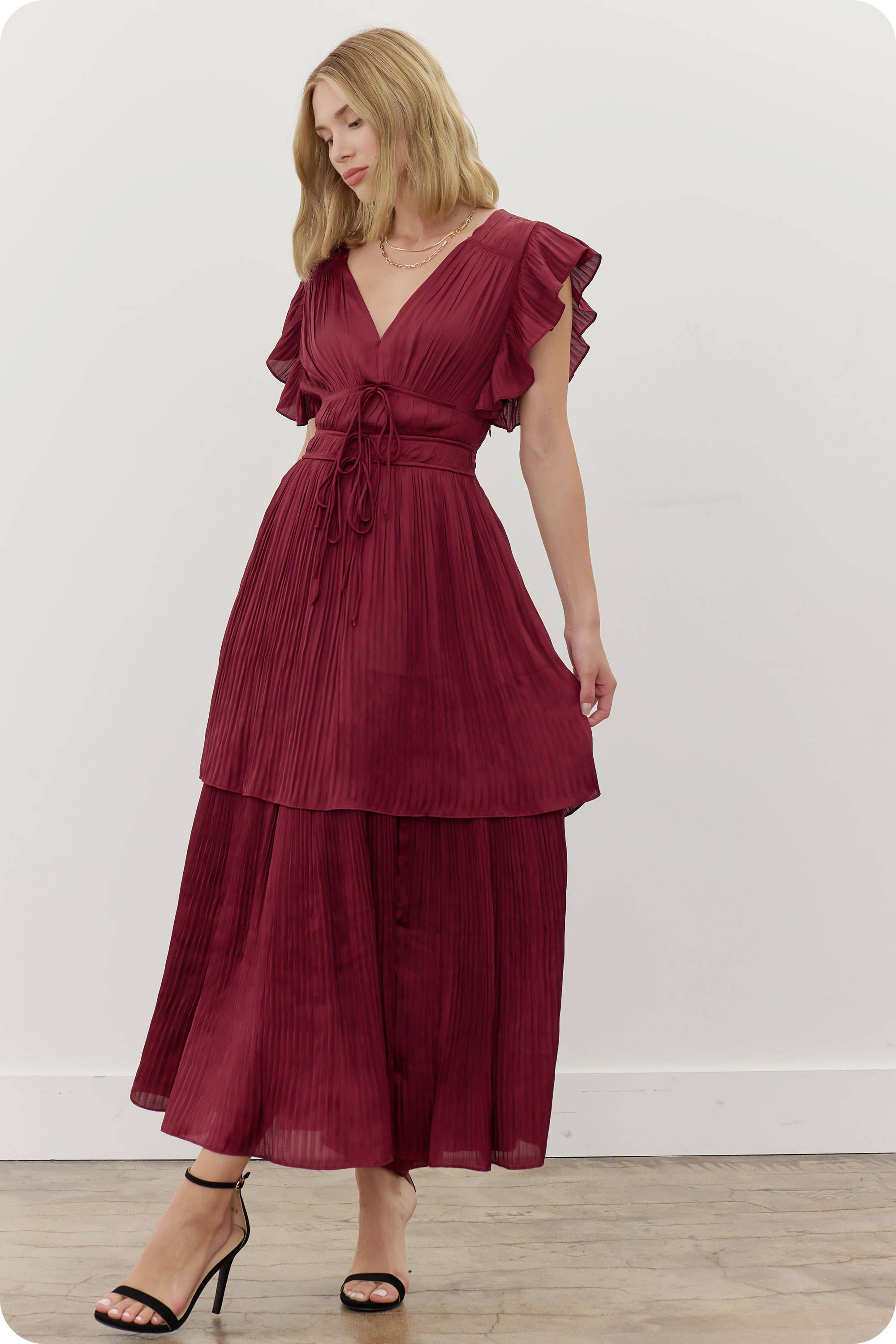 Strut & Bolt – wholesale Dress – Women's – Ruffled Pleated Satin Long Dress15