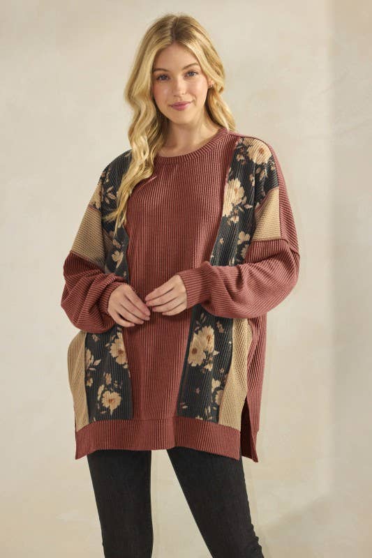 HEIMISH - Wholesale Tunic - Women's - ET7988-10 LONG SLEEVE SOLID AND FLORAL URBAN RIB TOP3