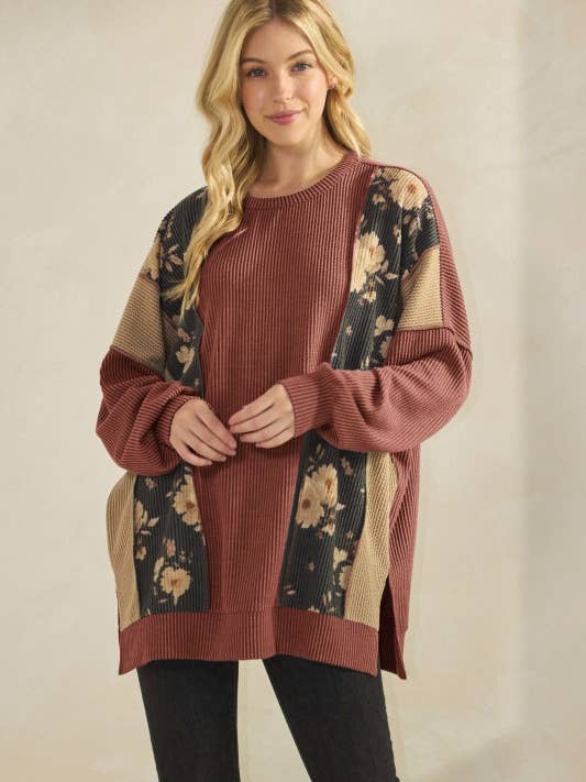HEIMISH - Wholesale Tunic - Women's - ET7988-10 LONG SLEEVE SOLID AND FLORAL URBAN RIB TOP3