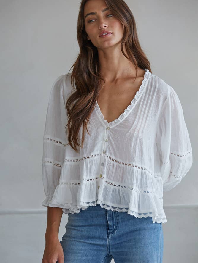 L9341 | Woven Cotton V-Neck Quarter Sleeve Top for wholesale by By Together