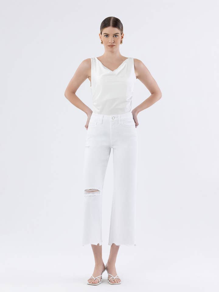 HIGH RISE UNEVEN RAW HEM CROP WIDE JEANS LV1904WH for wholesale by Lovervet by VERVET