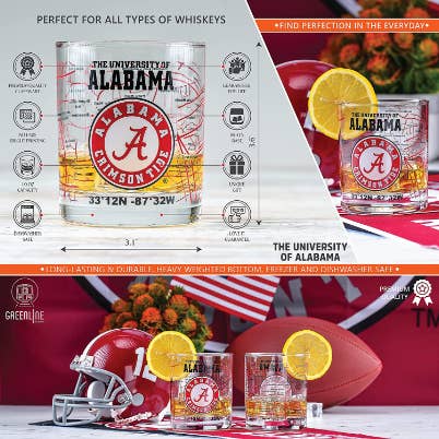 Greenline Goods - Wholesale Cocktail/Liquor Glass - University Of Alabama Whiskey Glass Set (2 Low Ball Glasses)3
