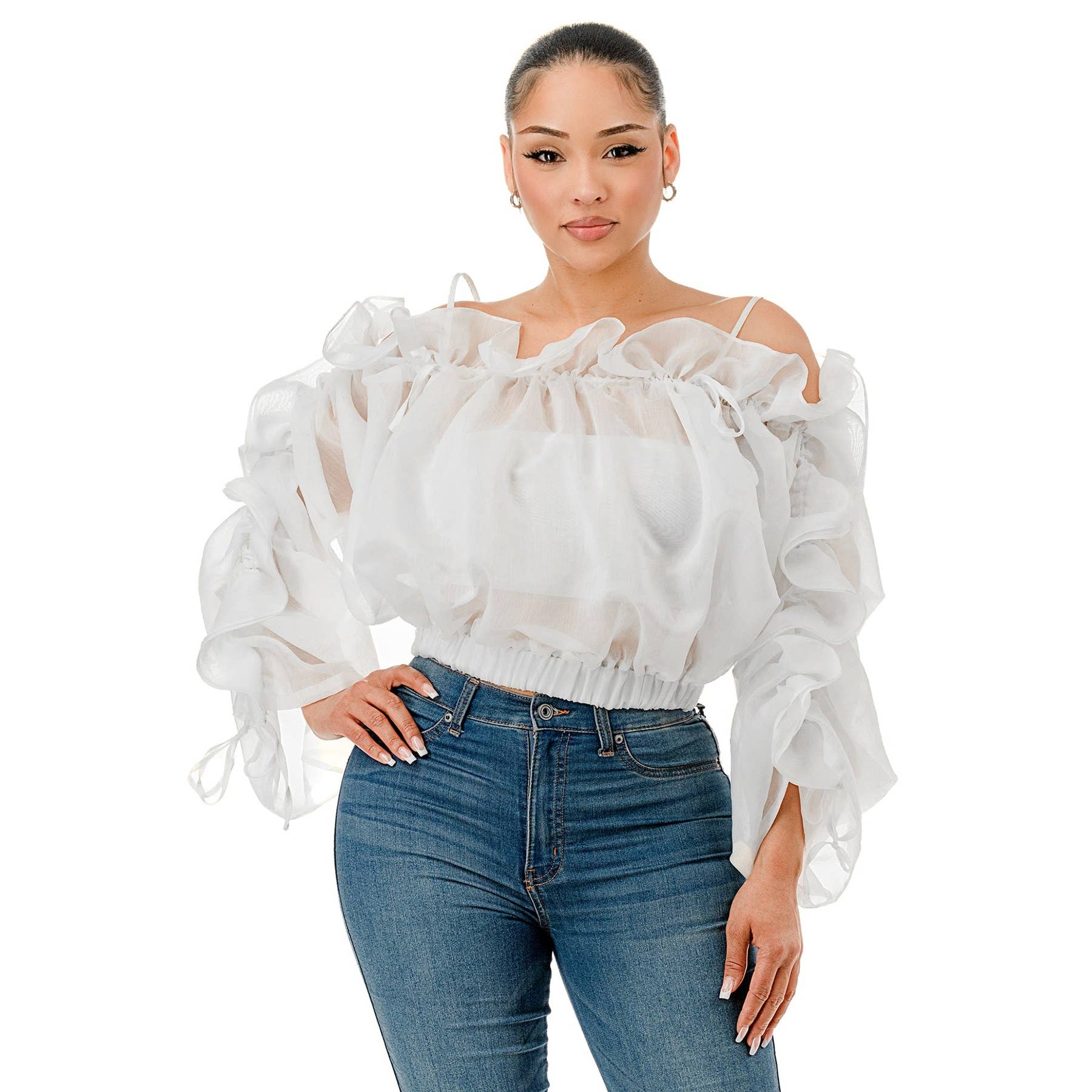 DORCAS - Wholesale Blouse - Women's - Plus Off the Shoulder Long Sleeve Ruffle Sheer Top7