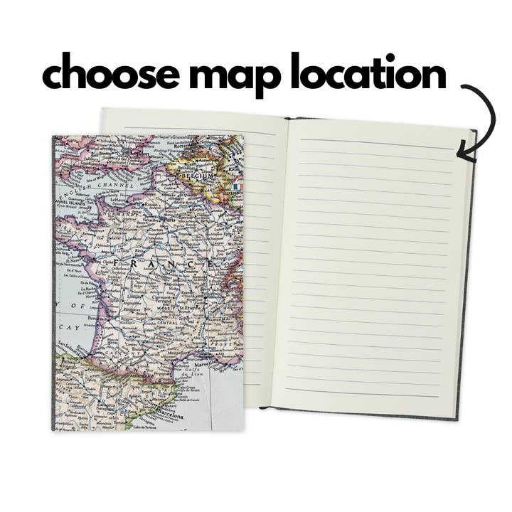 Custom Map Travel Journal Guestbook A5 Notebook Personalized for wholesale by Daisy Mae Designs