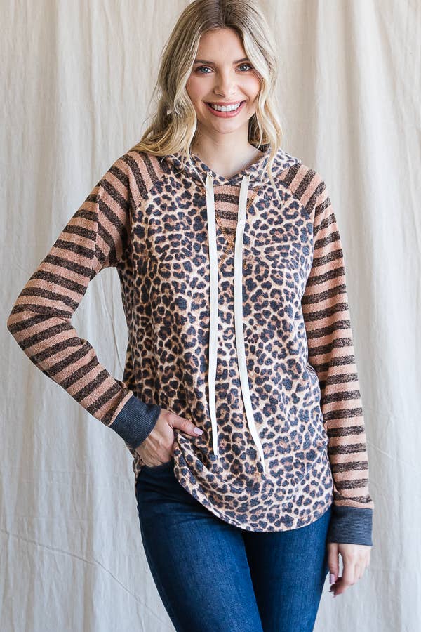 7th Ray – Großhandel Hoodie – Damen – Leopardenstreifen Ärmel Kordelzug Kapuzenpullover T443611