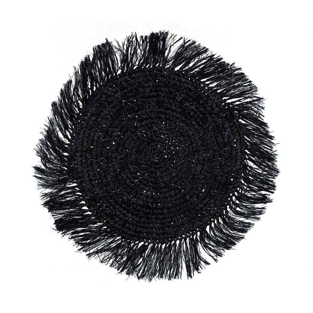 Bali Harvest - Wholesale Placemat - Straw Raffia Placemats with Fringe - Black Boho Woven Wicker