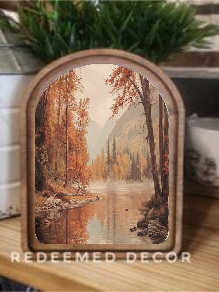 Arch Top Autumn River Framed Art for wholesale by Redeemed Decor