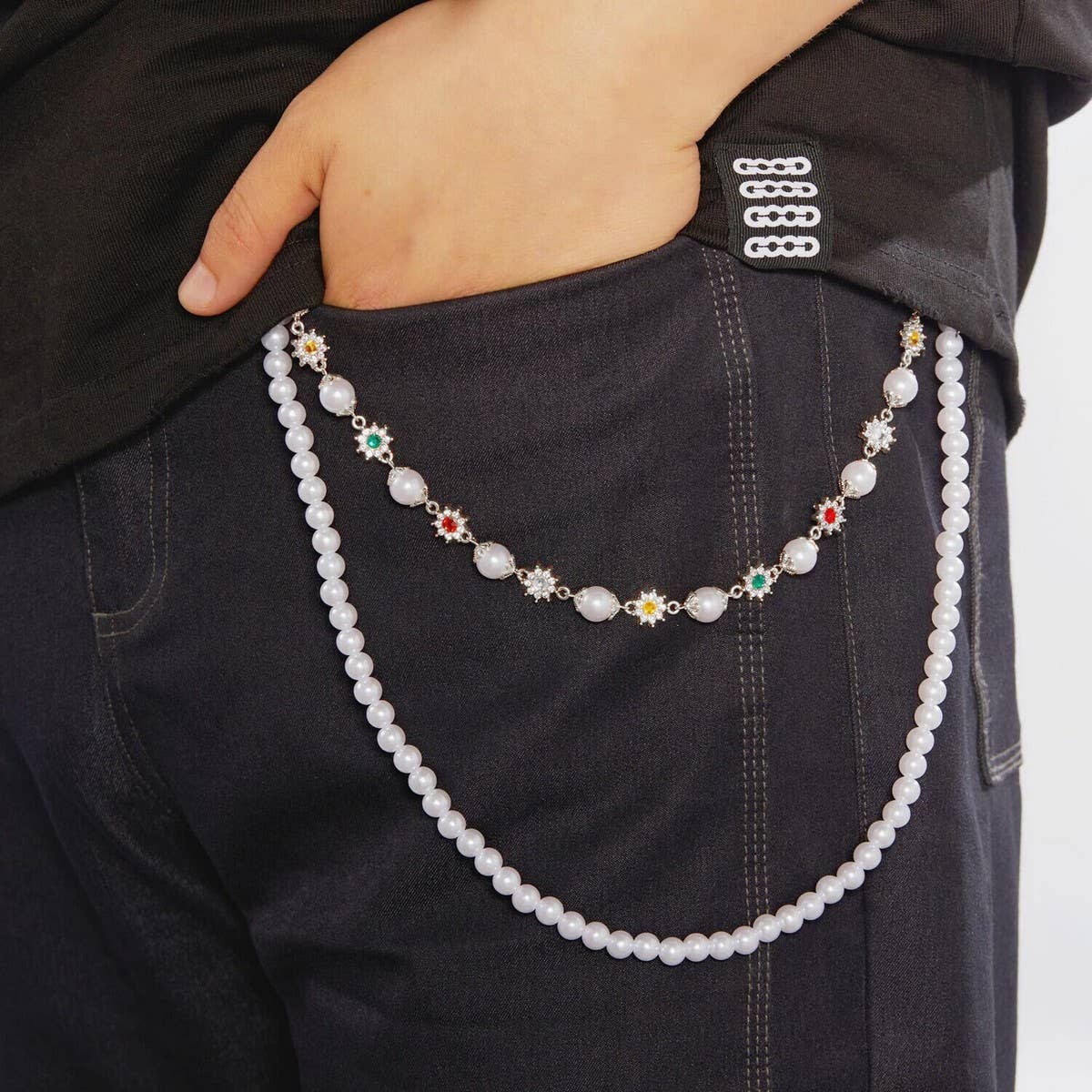 NINEXIS - Wholesale Jewelry Set - CWAJE05841_RHINESTONE FLOWER PEARL CHAIN BELT SET1